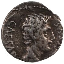 27 BC - 14 AD Roman Empire, Tarraco Mint silver Denarius of Augustus. Obverse: bare head of Augus...