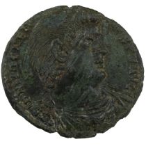 350-353 AD Magnentius bronze Majorina, Ambianum Mint. Obverse: draped bust, right. Reverse: two f...