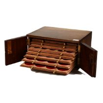 20th-century hardwood coin collectors cabinet with eight (8) pull-out wooden trays lined with fel...