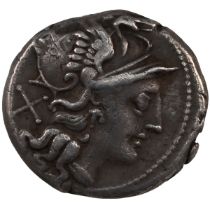 157-155 BC Roman Republic silver Roma Denarius. Obverse: helmeted head of Roma right with 'X' beh...