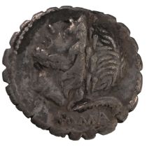 106 BC Roman Republic silver Denarius of L Memmius. Obverse: laureate head of Saturn with 'ROMA' ...