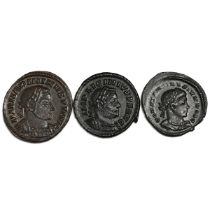 Group of three (3) early 4th century AD Roman Empire bronze London Follis coins. Includes (1) Con...
