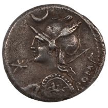 113-112 BC Roman Republic silver Denarius of Publics Licinius Nerva. Obverse: helmeted bust of Ro...