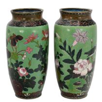 A pair of Japanese Cloisonné vases with green ground with kingfishers, peonies and lilies. H 31.5...
