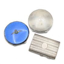 A silver and guilloche enamel R.A.F compact along with another silver compact and a silver case