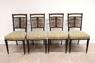 Set of four late 19th century mahogany dining chairs with railed back, the centre slat inlaid wit...
