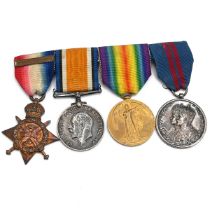 Military Medals on bar: WW1 1914 star with bar, Defence, Victory & Delhi Durbar (1911).  Awarded ...