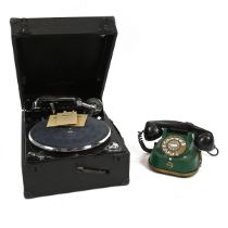 Columbia 202 Picnic Gramophone in black vinyl. Together with a vintage 1950s Belgian green and bl...