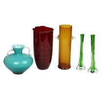 A collection of mid 20th Century coloured glass vases to include: a Venetian style pale blue two ...