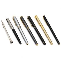 A collection of 6 fountain pens including Parker and Waterman examples plus a white metal propell...