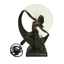 An Art Deco style resin lamp of a dancing lady, with a glass shade. 38cm high