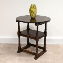 Mid 20th Century carved oak Monk's seat, with back tilting over to form a table. H 103cm, W 70cm,...