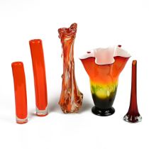 Collection of 20th Century art glass vases to include a Murano ruffle rimmed trumpet shaped vase ...
