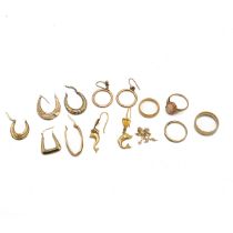 A collection of 9ct  gold jewellery to include a two pairs of creole earrings, cameo set ring, we...