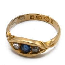 A Victorian 18ct gold, diamond and sapphire three stone ring, finger size K, Chester 1880, 3.25, ...