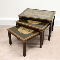 Mid Century Campaign style nest of three map tables, mahogany frame, brass bound, glass tops over...