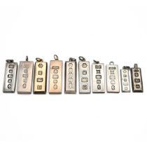 A collection of ten mid century silver ingot pendants, various dates, 204 grams