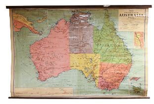 A mid century Philips Schoolroom Map of Australia. Canvas on polished wooden poles. H 119cm W 180cm.