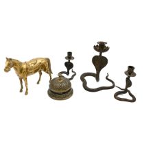 Mixed Brassware. Vintage set of three Cobra Indian brass candlesticks, Cast brass horse and a rep...