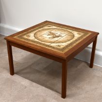 Mid century Danish square hardwood coffee table with inset ceramic 9-tile top decorated with wood...