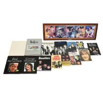 Quantity of The Beatles related books (14). Together with a framed series of collector's ceramic ...