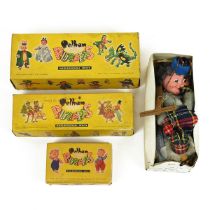Vintage Boxed Pelham Puppets (5): Clown, Cow, Poodle, Queen, Uncle Bulgaria.