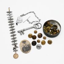A GWR whistle, goods van key, photo, along with 13 Silver Year Service Badge, plus Silver 20,25 a...