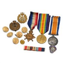 WW1 Military Medal grp and badges. Comprising 1914-15 star, Defence & Victory Medals. Presented t...