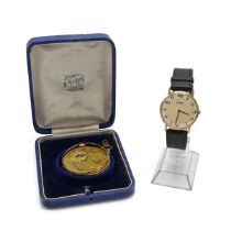 A 9ct gold "Record De Luxe" watch, along with a gold plated pocket watch