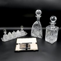 Mid 20th Century cut glass condiment set comprising oil and vinegar bottles, salt and pepper pots...