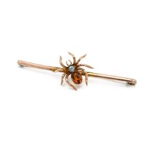 An Edwardian 9ct yellow gold insect bar brooch, the spider set with a round cut blue zircon and a...