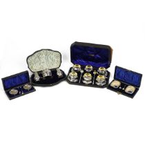 A set of six Victorian silver salts and matching stem twist spoons, each with a gilt interior and...