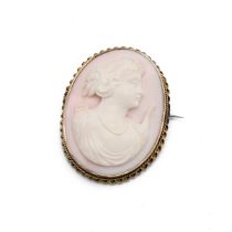 A 20th century shell cameo brooch, of a female portrait in a 9ct gold surround, tagged "9ct", 4.8...