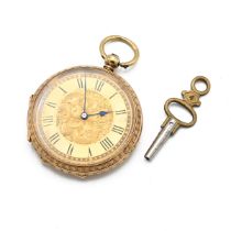A continental fob watch, stamped '18K', with gilt metal cuvette, the case housing a bar movement ...