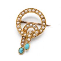 A Victorian gold, seed pearl and turquoise brooch, of circular form with loop drop and having pie...