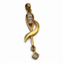 A gold abstract diamond set pendant, unmarked, set with three Princess cut stones and a similar c...