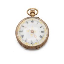 19th century Ladies 18ct gold small pocket watch. Engraved case with floral motifs and enamel dia...