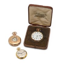 Three pocket watches. An antique 10ct gold plated watch with A. L. D. Dennison 53mm case, English...