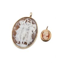 A unmarked gold cameo pendant, decorated in relief with a three maidens, along with a smaller gol...