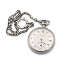Tissot & Fils brushed steel pocket watch with steel chain. 48mm case.