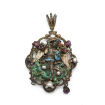 A 19th century Austro-Hungarian style gem set pendant brooch, depicting George and the dragon, wi...