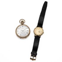 Gents Omega 9ct gold manual wristwatch; 17 jewel 34mm case with black leather strap. Together wit...