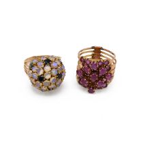 A 14k yellow gold opal and sapphire bombe cluster ring, ring size N1/2, total gross weight approx...