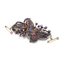 A 9ct yellow gold sapphire, ruby and white sapphire double-clip brooch, the detachable dress clip...