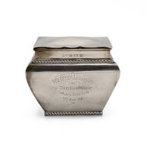 An Edwardian silver tea caddy of square shouldered form with gadrooned border and hinged cover, B...