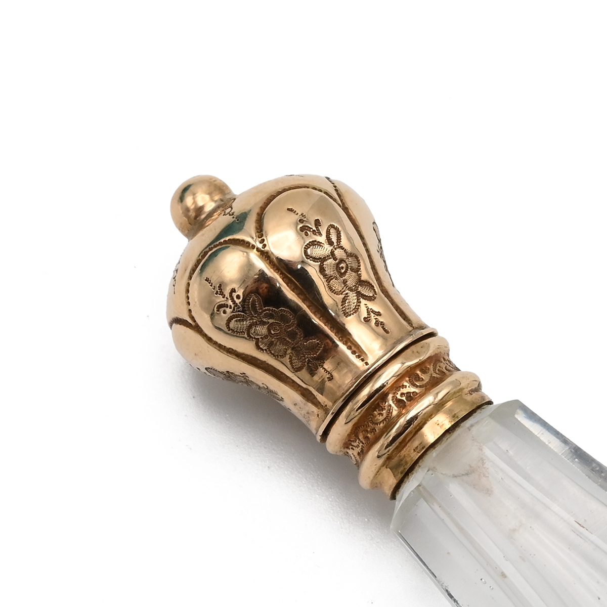Two Victorian glass scent bottles, both with gold hinged covers, one chased with Greek Key patter... - Image 4 of 4