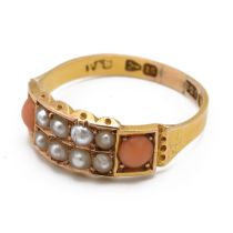 A late Victorian 15ct yellow gold seed pearl and coral ring, maker's mark 'P&S, Chester 1885, rin...