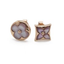 Louis Vuitton - A pair of 18ct rose gold stud earrings, one round one square with the 'LV' floral...