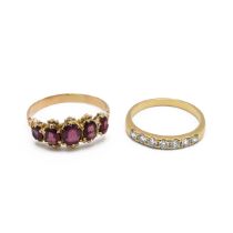 A 19th century yellow gold and garnet five stone ring, ring size R1/2, total gross weight approxi...