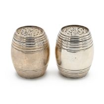A pair of Edwardian silver pepper pots, each in the form of barrels, London 1905, Hunt and Roskel...